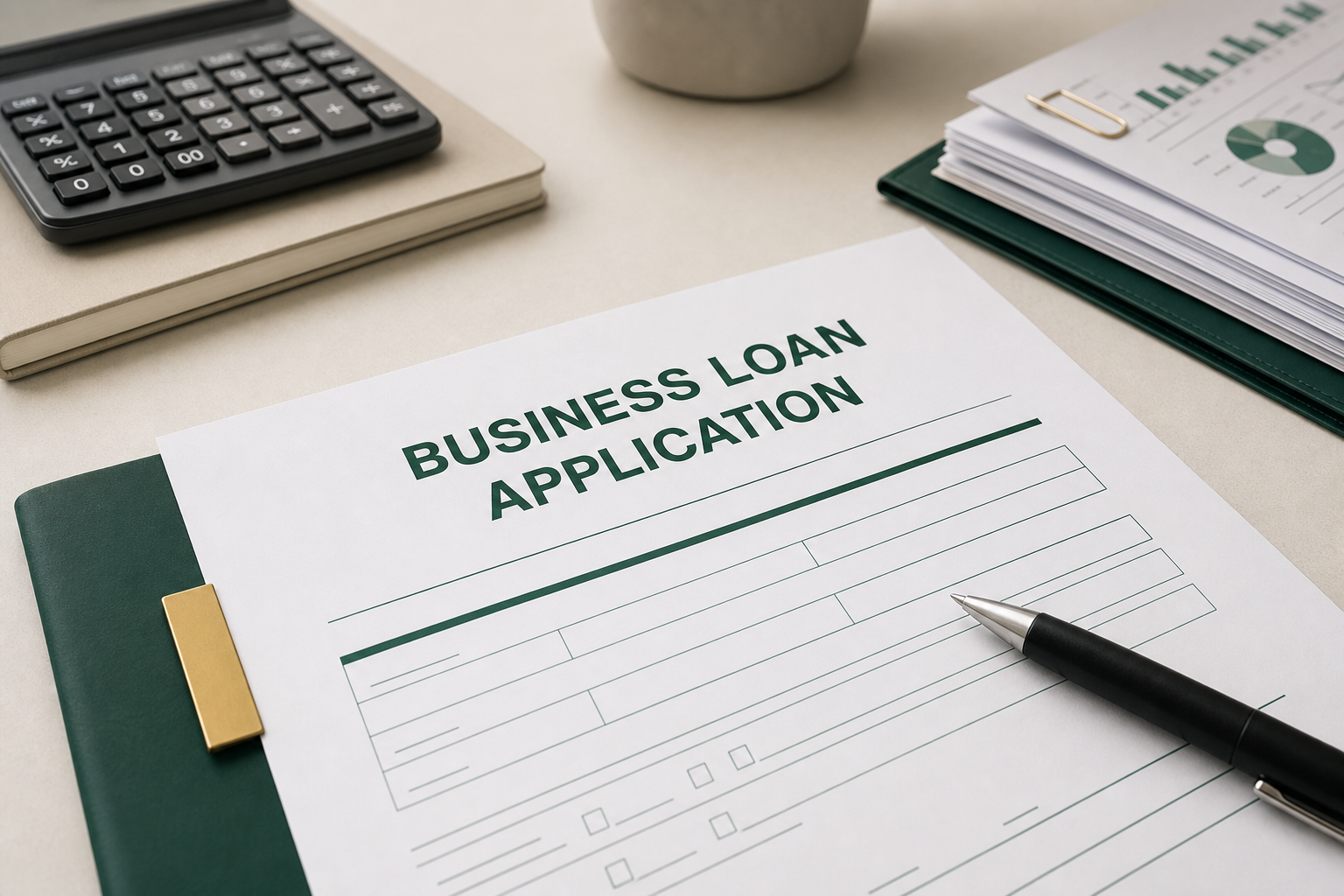 Business loan application document with calculator, pen, and financial papers