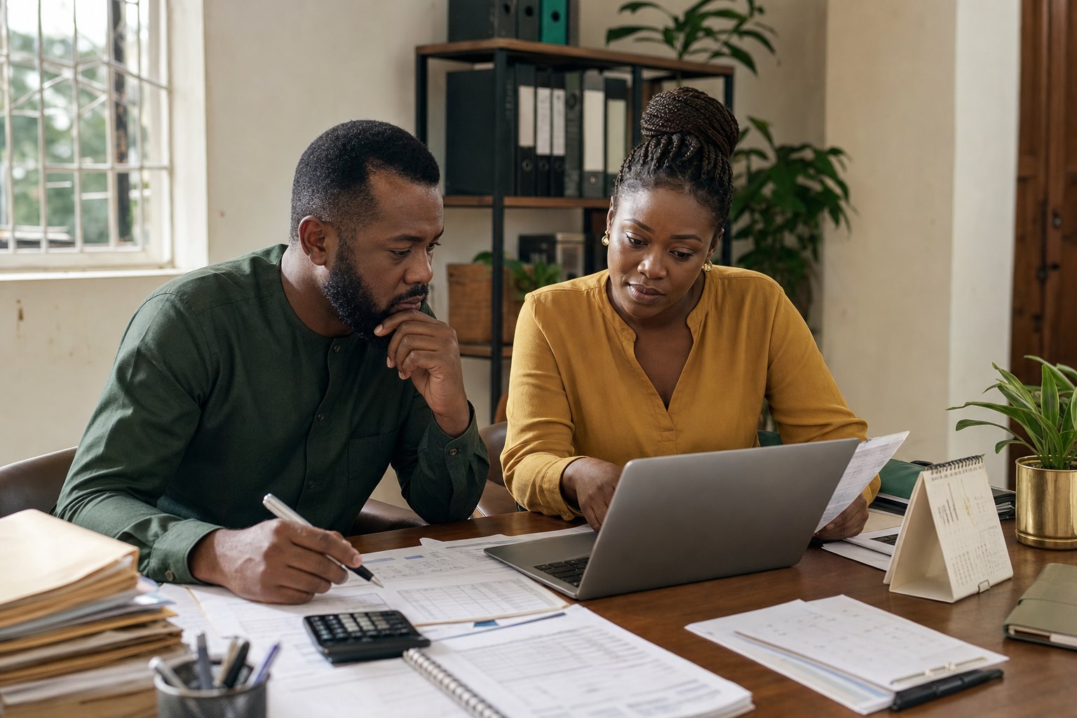 Ghanaian business owner and financial adviser reviewing cash flow records